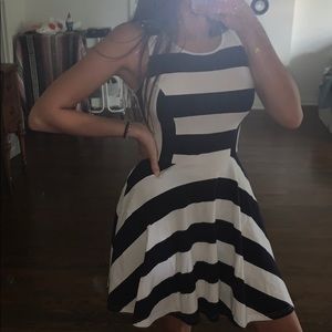 navy and white striped flare dress